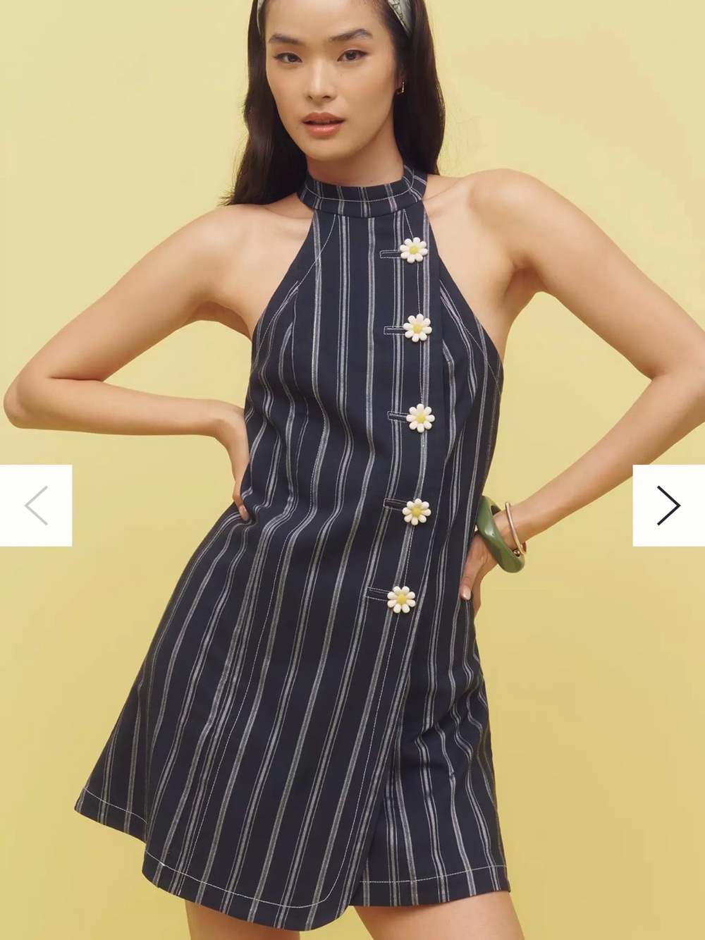 Maeve Navy and White Striped Halter Mini Dress with Daisy Buttons